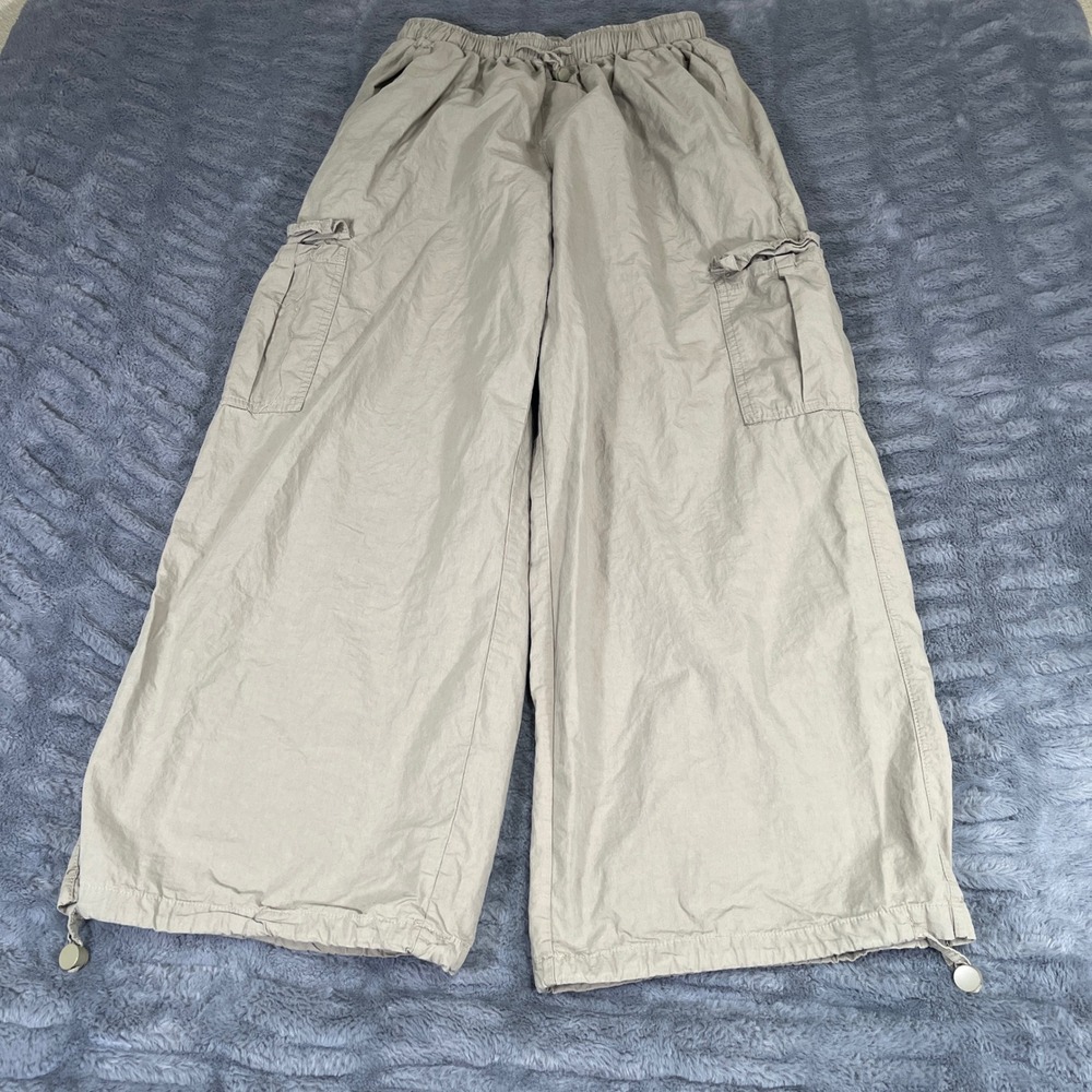 Shasa Khaki Tan Cargo Parachute Pants Womens Medium Wide Leg Baggy Toggle Hem